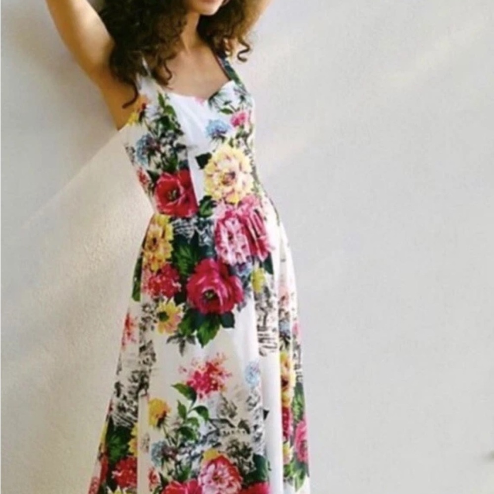 Anthropologie White Maxi Dress with Pink, Yellow and Green Floral Print
